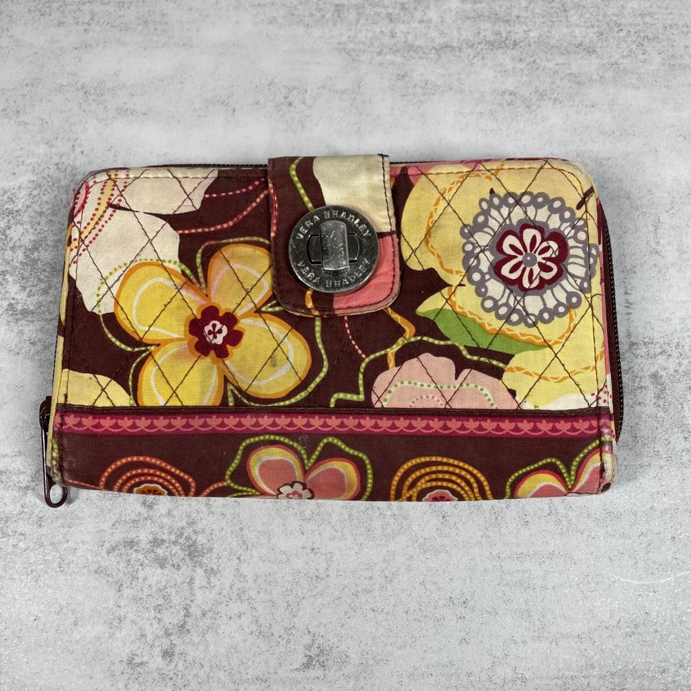 Vera Bradley Wallet Floral Turnlock Quilted Tea Garden Brown